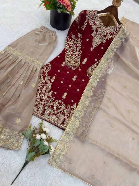 Eco-friendly Maroon GMY Silk Suit with Rivet Moti Handwork for Festive Wear Ready To Wear Collection