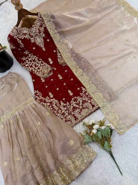 Eco-friendly Maroon GMY Silk Suit with Rivet Moti Handwork for Festive Wear Ready To Wear Collection