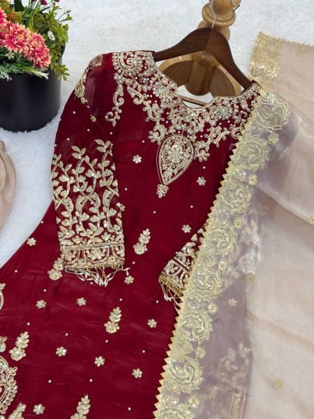 Eco-friendly Maroon GMY Silk Suit with Rivet Moti Handwork for Festive Wear Ready To Wear Collection
