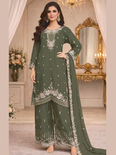 Eco-friendly Olive Green Beads and Sequins Embroidered Palazzo Suit for Women 