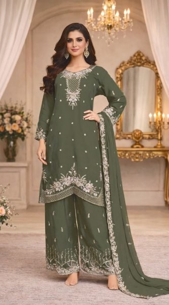 Eco-friendly Olive Green Beads and Sequins Embroidered Palazzo Suit for Women Designer Plazzo Salwar Suits Wholesale