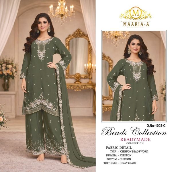 Eco-friendly Olive Green Beads and Sequins Embroidered Palazzo Suit for Women Designer Plazzo Salwar Suits Wholesale