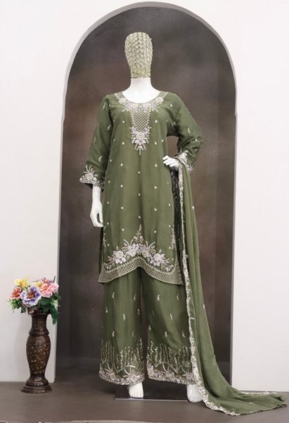 Eco-friendly Olive Green Beads and Sequins Embroidered Palazzo Suit for Women Designer Plazzo Salwar Suits Wholesale