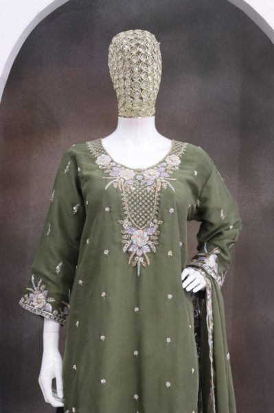 Eco-friendly Olive Green Beads and Sequins Embroidered Palazzo Suit for Women Designer Plazzo Salwar Suits Wholesale
