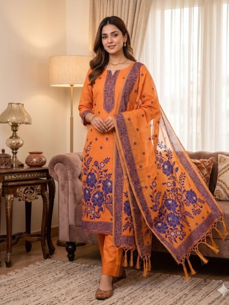 Eco-friendly Orange Jamdani Weaving Suit Set with Printed Dupatta for Festive Wear Dress Material 