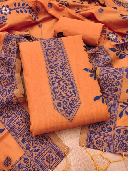 Eco-friendly Orange Jamdani Weaving Suit Set with Printed Dupatta for Festive Wear Cotton Dress Material