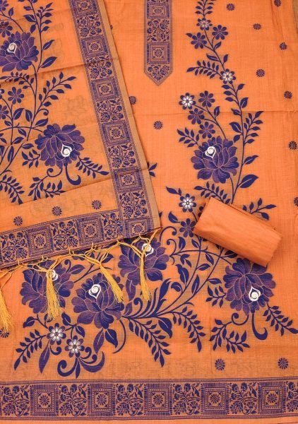 Eco-friendly Orange Jamdani Weaving Suit Set with Printed Dupatta for Festive Wear Cotton Dress Material