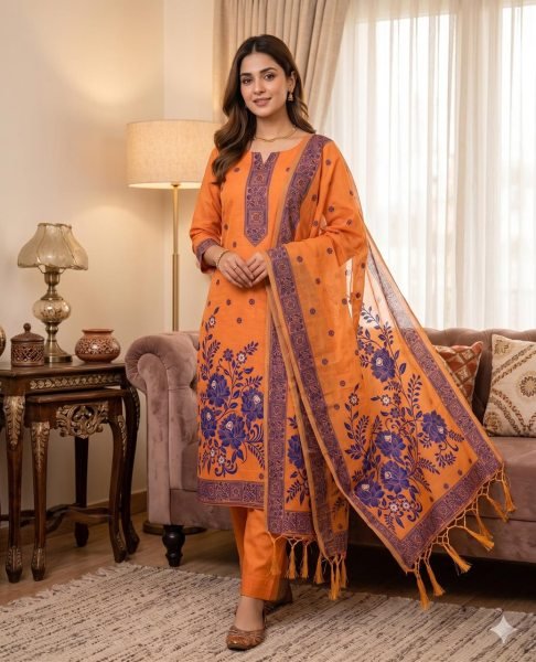 Eco-friendly Orange Jamdani Weaving Suit Set with Printed Dupatta for Festive Wear Cotton Dress Material