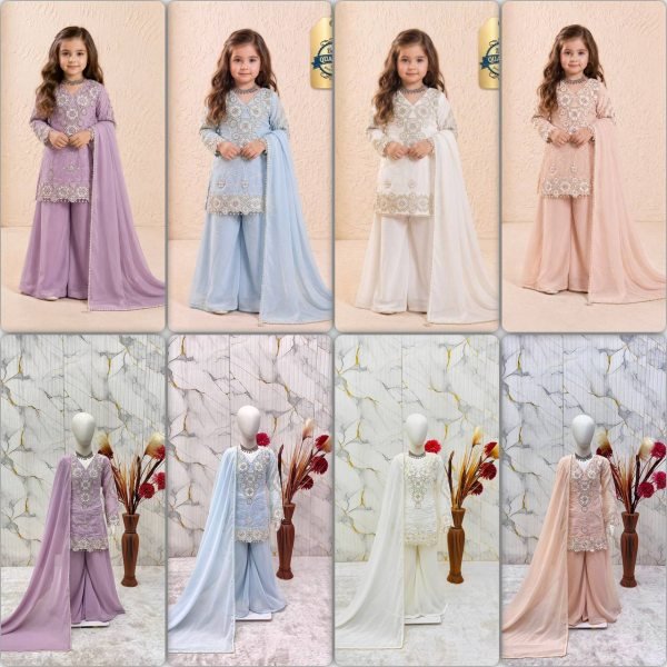 Eco-friendly Peach Kids Fox Georgette Suit Set with Heavy Sequin Work for Festive Wear Girls Wear