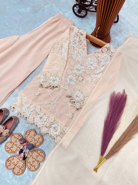 Eco-friendly Peach Kids Fox Georgette Suit Set with Heavy Sequin Work for Festive Wear Girls Wear