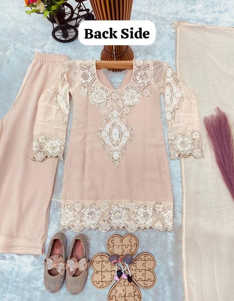 Eco-friendly Peach Kids Fox Georgette Suit Set with Heavy Sequin Work for Festive Wear Girls Wear