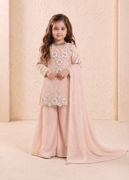Eco-friendly Peach Kids Fox Georgette Suit Set with Heavy Sequin Work for Festive Wear Girls Wear