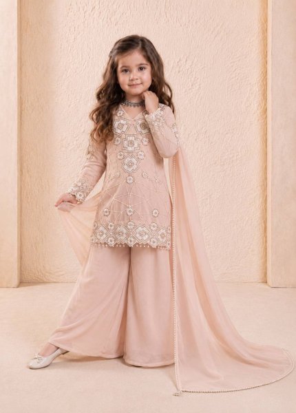 Eco-friendly Peach Kids Fox Georgette Suit Set with Heavy Sequin Work for Festive Wear Girls Wear