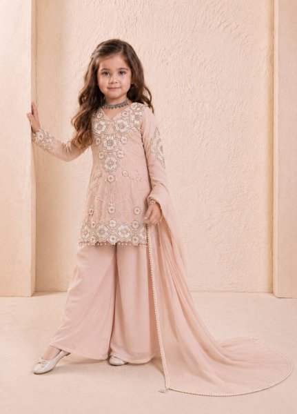 Eco-friendly Peach Kids Fox Georgette Suit Set with Heavy Sequin Work for Festive Wear Girls Wear