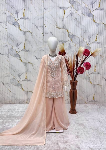 Eco-friendly Peach Kids Fox Georgette Suit Set with Heavy Sequin Work for Festive Wear Girls Wear