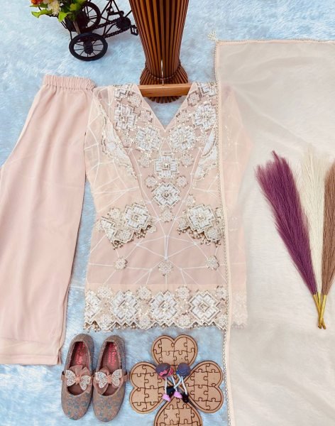 Eco-friendly Peach Kids Fox Georgette Suit Set with Heavy Sequin Work for Festive Wear Girls Wear