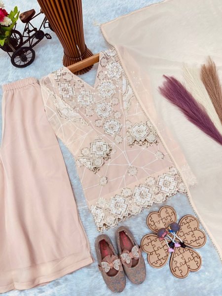 Eco-friendly Peach Kids Fox Georgette Suit Set with Heavy Sequin Work for Festive Wear Girls Wear
