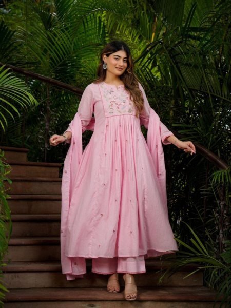 Eco friendly Pink Lightweight Silk Suit Set for Festive and Casual Wear Anarkali Kurtis 