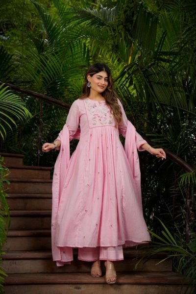 Eco friendly Pink Lightweight Silk Suit Set for Festive and Casual Wear Anarkali Kurtis 