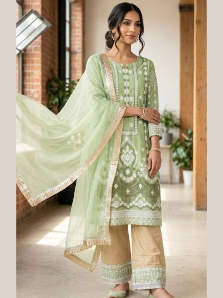 Eco friendly Pista Slub Silk Kurta Pant Set with Chain Stitch Embroidery for Women Ready To Wear Suit