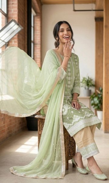Eco friendly Pista Slub Silk Kurta Pant Set with Chain Stitch Embroidery for Women Ready To Wear Collection