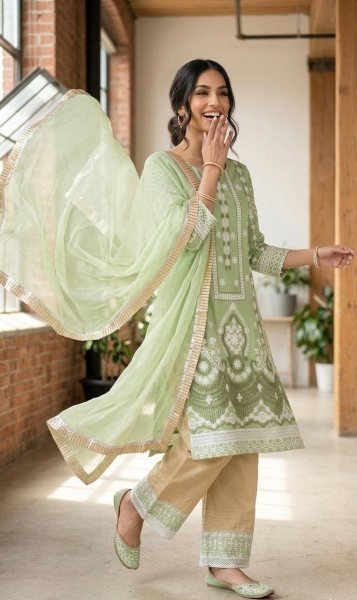 Eco friendly Pista Slub Silk Kurta Pant Set with Chain Stitch Embroidery for Women Ready To Wear Collection