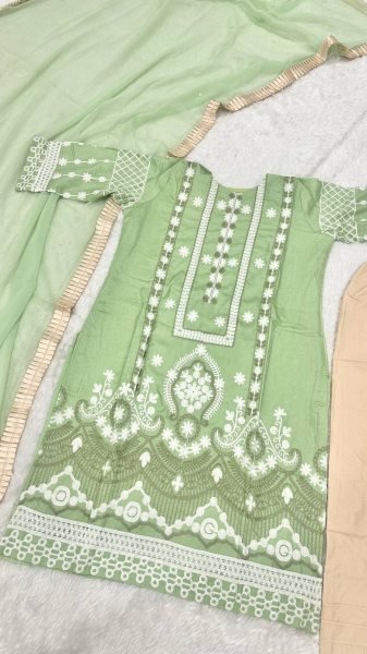 Eco friendly Pista Slub Silk Kurta Pant Set with Chain Stitch Embroidery for Women Ready To Wear Collection