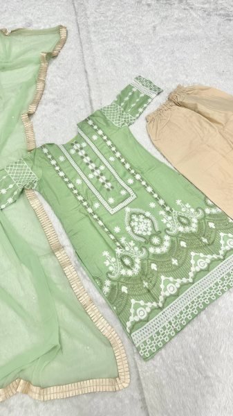 Eco friendly Pista Slub Silk Kurta Pant Set with Chain Stitch Embroidery for Women Ready To Wear Collection