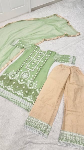 Eco friendly Pista Slub Silk Kurta Pant Set with Chain Stitch Embroidery for Women Ready To Wear Collection