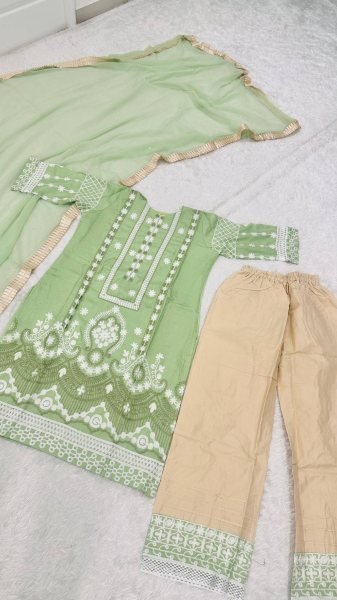 Eco friendly Pista Slub Silk Kurta Pant Set with Chain Stitch Embroidery for Women Ready To Wear Collection