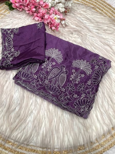 Eco friendly Purple Chinnon Saree with Multi Embroidery C Pallu Bird Design At Wholesale  Embroidery Sarees Wholesale