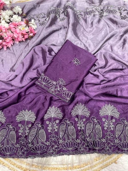 Eco friendly Purple Chinnon Saree with Multi Embroidery C Pallu Bird Design At Wholesale  Embroidery Sarees Wholesale