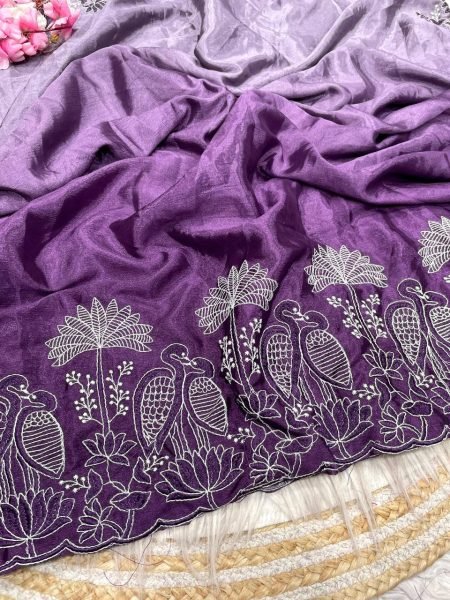 Eco friendly Purple Chinnon Saree with Multi Embroidery C Pallu Bird Design At Wholesale  Embroidery Sarees Wholesale