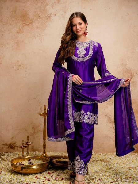 Eco-friendly Purple Chinon Embroidered Kurti Pant Dupatta Set for Daily Wear at Manufacturer Rate 