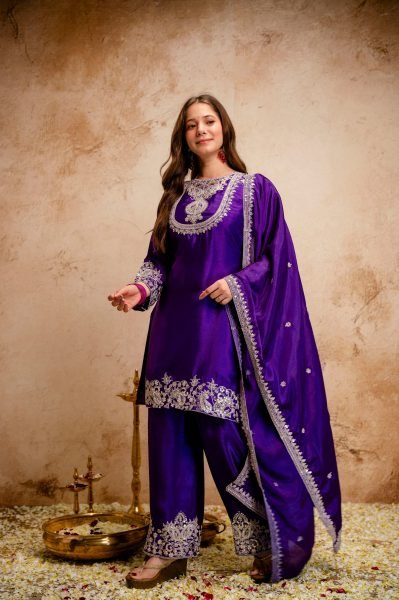 Eco-friendly Purple Chinon Embroidered Kurti Pant Dupatta Set for Daily Wear at Manufacturer Rate 3 Piece Kurti Set