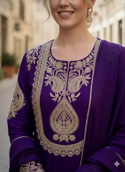 Eco-friendly Purple Chinon Embroidered Kurti Pant Dupatta Set for Daily Wear at Manufacturer Rate 3 Piece Kurti Set