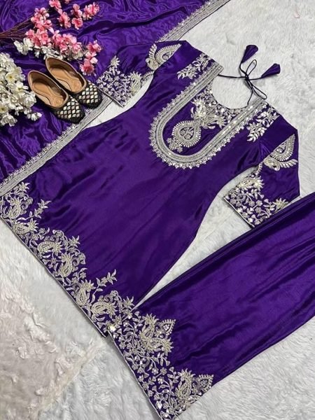 Eco-friendly Purple Chinon Embroidered Kurti Pant Dupatta Set for Daily Wear at Manufacturer Rate 3 Piece Kurti Set