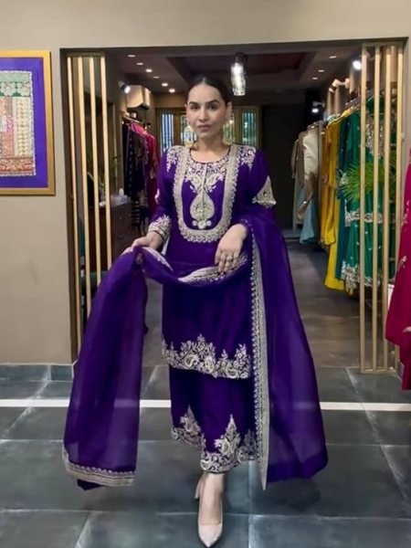 Eco-friendly Purple Chinon Embroidered Kurti Pant Dupatta Set for Daily Wear at Manufacturer Rate 3 Piece Kurti Set