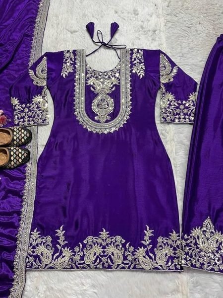 Eco-friendly Purple Chinon Embroidered Kurti Pant Dupatta Set for Daily Wear at Manufacturer Rate 3 Piece Kurti Set