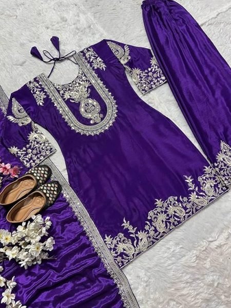 Eco-friendly Purple Chinon Embroidered Kurti Pant Dupatta Set for Daily Wear at Manufacturer Rate 3 Piece Kurti Set