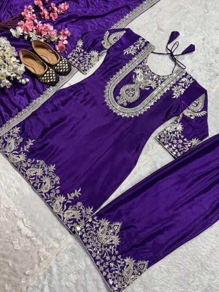 Eco-friendly Purple Chinon Embroidered Kurti Pant Dupatta Set for Daily Wear at Manufacturer Rate 3 Piece Kurti Set