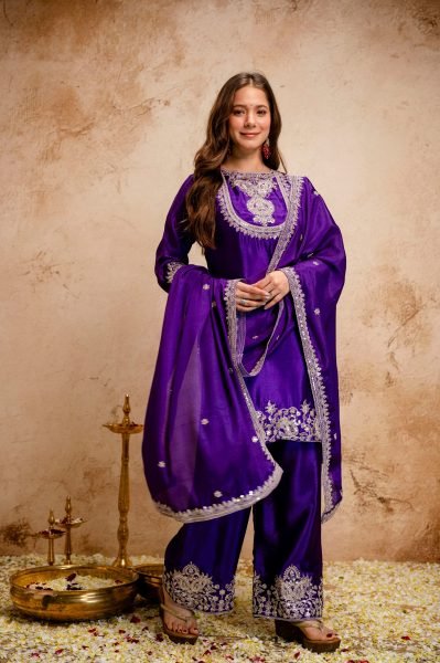 Eco-friendly Purple Chinon Embroidered Kurti Pant Dupatta Set for Daily Wear at Manufacturer Rate 3 Piece Kurti Set