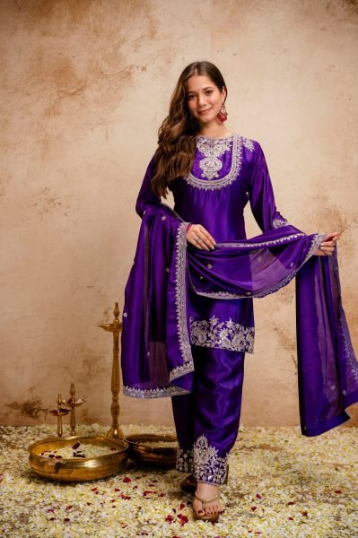 Eco-friendly Purple Chinon Embroidered Kurti Pant Dupatta Set for Daily Wear at Manufacturer Rate 3 Piece Kurti Set