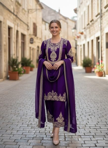 Eco-friendly Purple Chinon Embroidered Kurti Pant Dupatta Set for Daily Wear at Manufacturer Rate 3 Piece Kurti Set