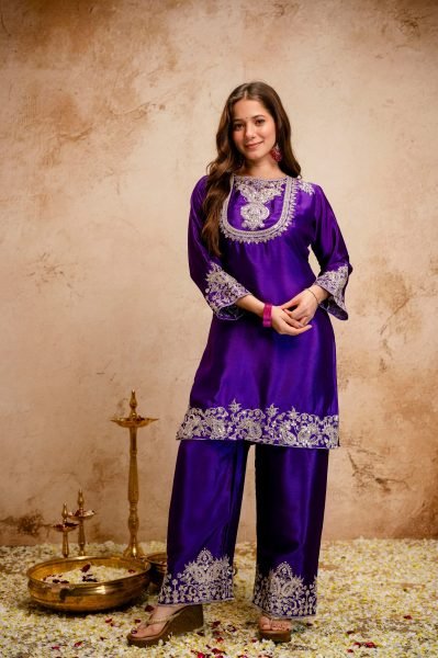 Eco-friendly Purple Chinon Embroidered Kurti Pant Dupatta Set for Daily Wear at Manufacturer Rate 3 Piece Kurti Set