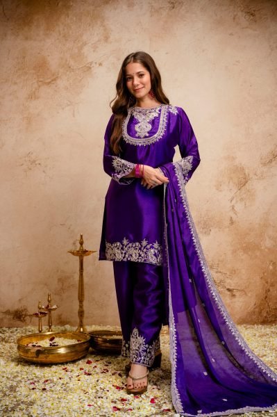 Eco-friendly Purple Chinon Embroidered Kurti Pant Dupatta Set for Daily Wear at Manufacturer Rate 3 Piece Kurti Set