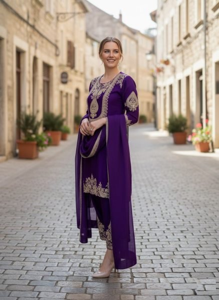 Eco-friendly Purple Chinon Embroidered Kurti Pant Dupatta Set for Daily Wear at Manufacturer Rate 3 Piece Kurti Set
