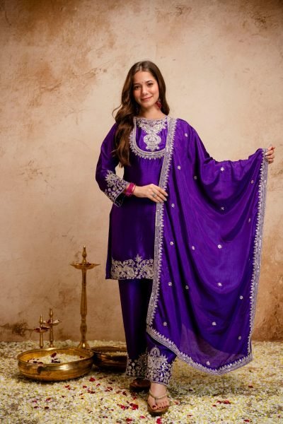 Eco-friendly Purple Chinon Embroidered Kurti Pant Dupatta Set for Daily Wear at Manufacturer Rate 3 Piece Kurti Set
