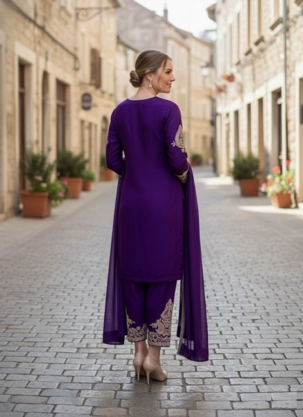 Eco-friendly Purple Chinon Embroidered Kurti Pant Dupatta Set for Daily Wear at Manufacturer Rate 3 Piece Kurti Set