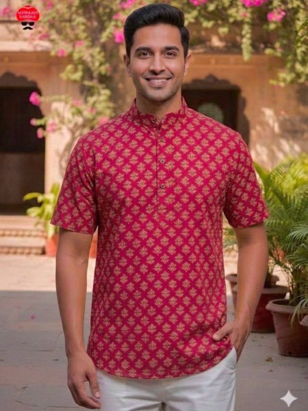 Eco friendly Red Cotton Printed Short Kurta for Men Summer Wear 